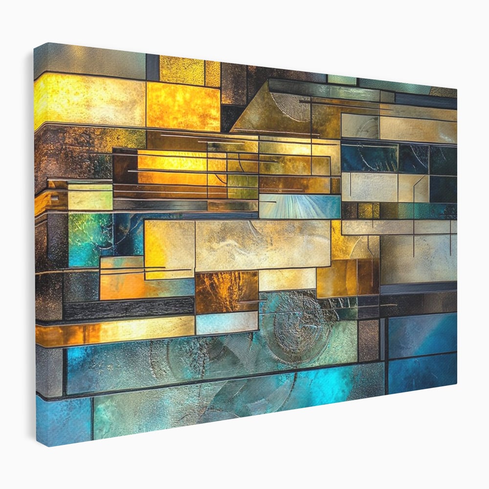 Tablou canvas cu tablou abstract geometric cu texturi metalice, fara rama, pe sasiu de lemn